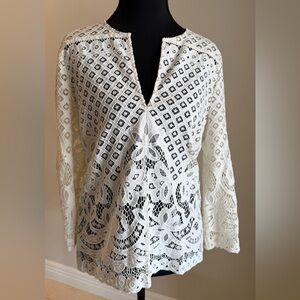 BCBGMaxAzria Cream Crochet Lace Split-Neck Blouse